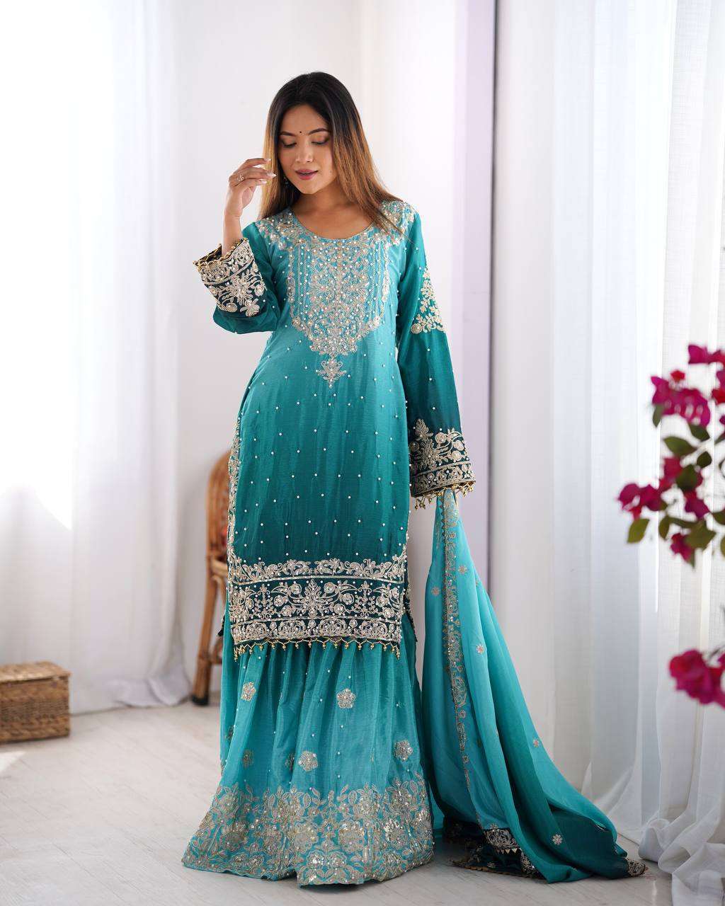 Women's Chinon Silk Sequence With Rivet Moti Work Straight Kurta With Sharara and Dupatta Set - Image 31