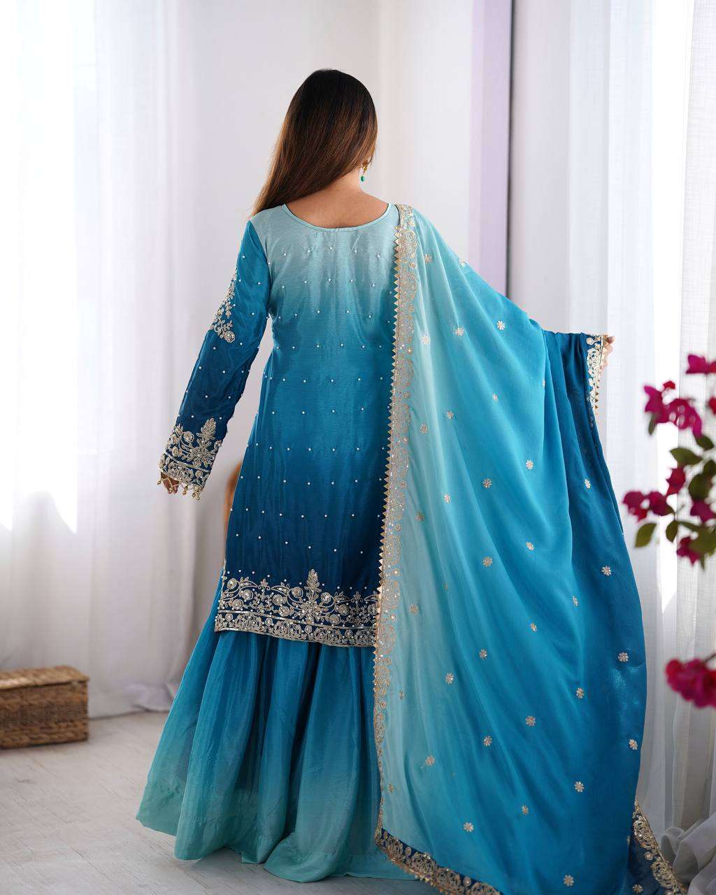 Women's Chinon Silk Sequence With Rivet Moti Work Straight Kurta With Sharara and Dupatta Set - Image 4
