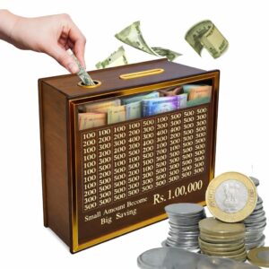 Wooden Money Saving Box for ₹1,00,000 Goal Tracker | Reusable Piggy Bank with Number Grid | Lockable Savings Challenge Box for Kids & Adults | Wooden Cash Saving Bank Home Decor Gift