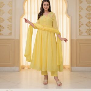 Women's Cotton Embroidered Anarkali Kurti With Pant and Dupatta set (Size - XL)